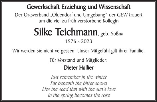 Traueranzeige von Silke Teichmann von Deister- und Weserzeitung