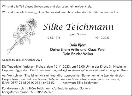 Traueranzeige von Silke Teichmann von Deister- und Weserzeitung