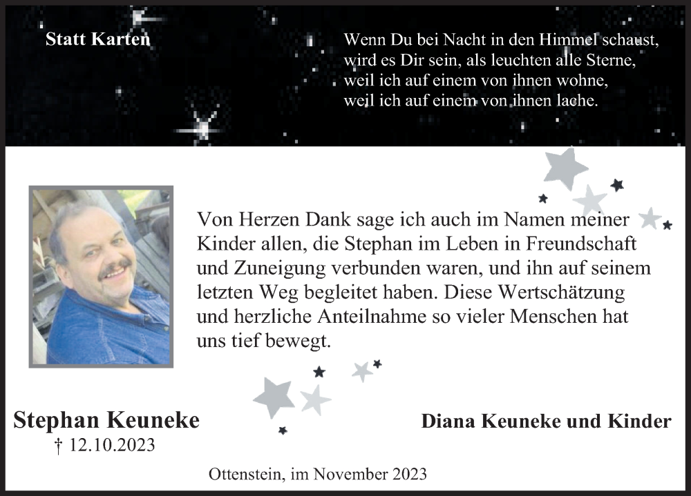  Traueranzeige für Stephan Keuneke vom 11.11.2023 aus Deister- und Weserzeitung