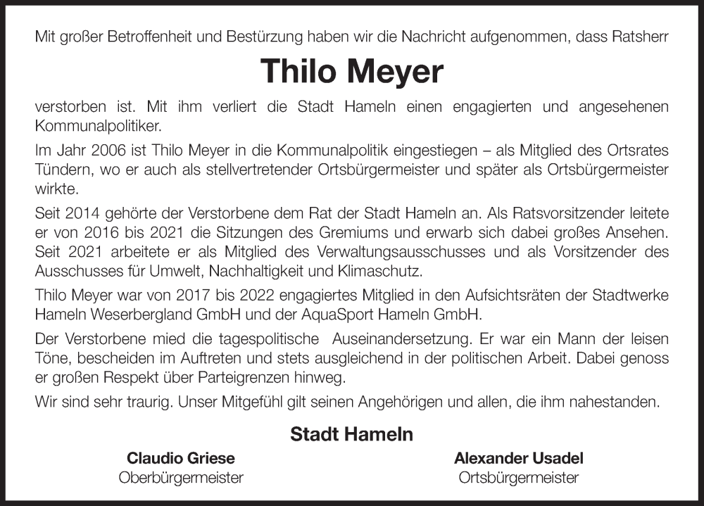  Traueranzeige für Thilo Meyer vom 11.11.2023 aus Deister- und Weserzeitung
