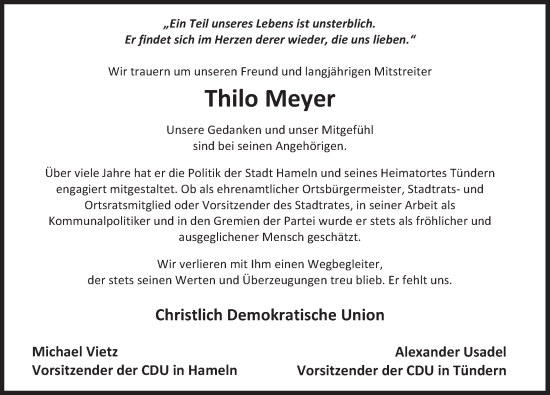 Traueranzeige von Thilo Meyer von Deister- und Weserzeitung