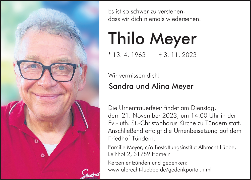  Traueranzeige für Thilo Meyer vom 11.11.2023 aus Deister- und Weserzeitung