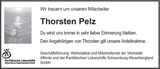 Traueranzeige von Thorsten Pelz von Deister- und Weserzeitung