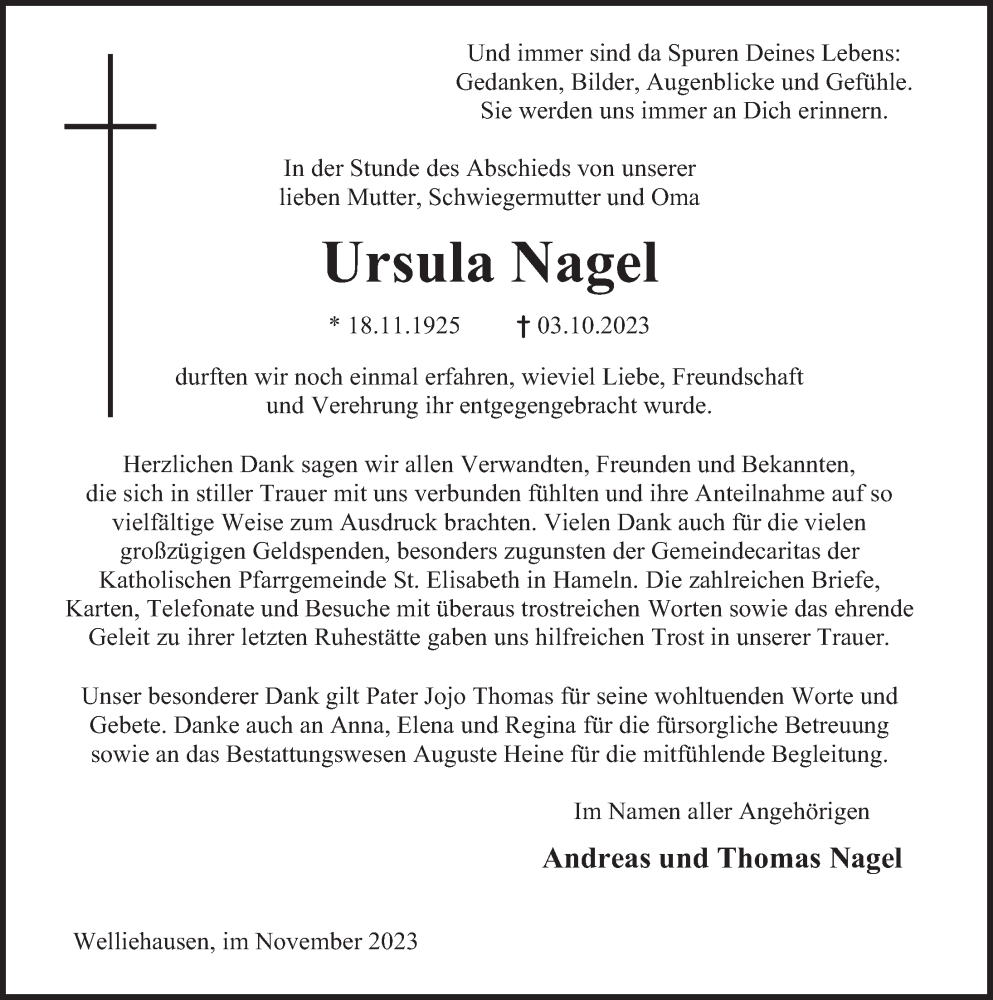  Traueranzeige für Ursula Nagel vom 25.11.2023 aus Deister- und Weserzeitung