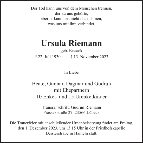 Traueranzeige von Ursula Riemann von Deister- und Weserzeitung