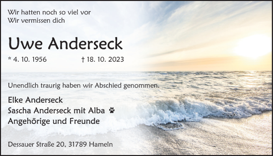 Traueranzeige von Uwe Anderseck von Deister- und Weserzeitung