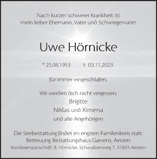 Traueranzeige von Uwe Hörnicke von Deister- und Weserzeitung