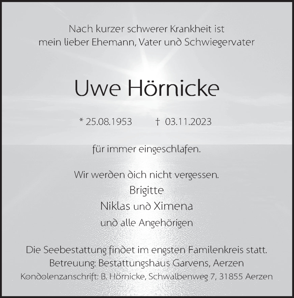  Traueranzeige für Uwe Hörnicke vom 11.11.2023 aus Deister- und Weserzeitung