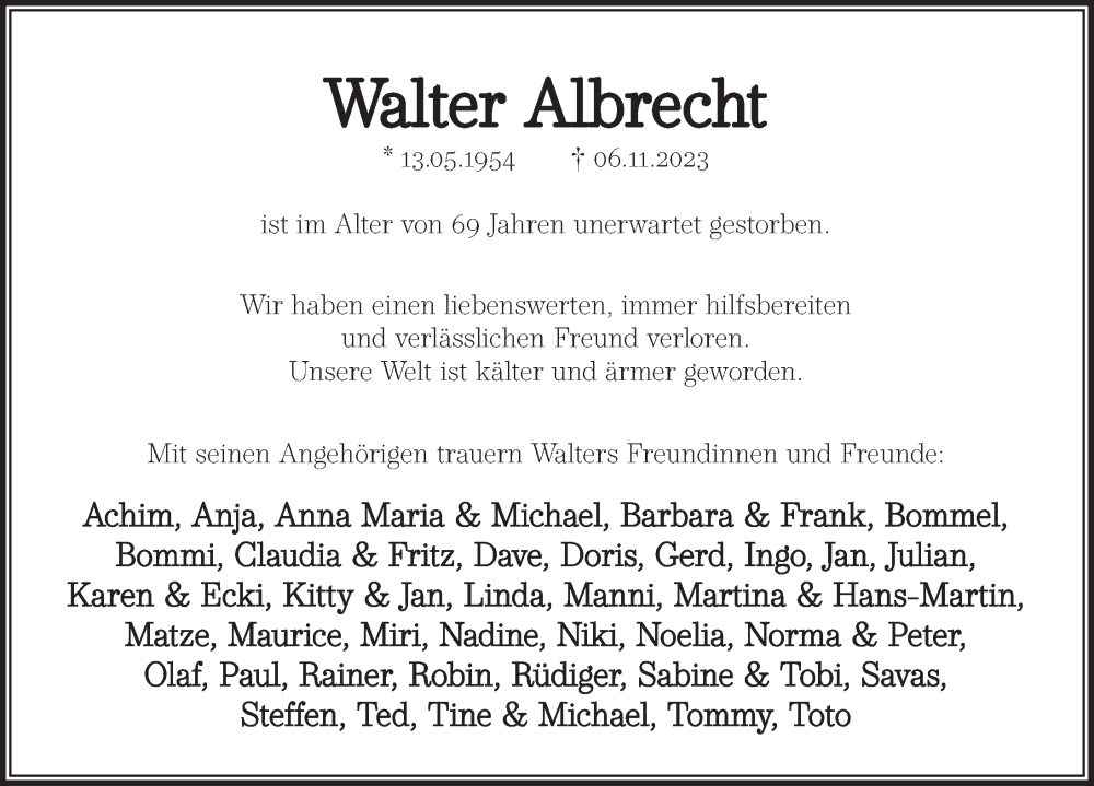  Traueranzeige für Walter Albrecht vom 14.11.2023 aus Deister- und Weserzeitung