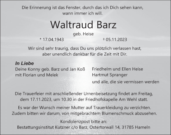 Traueranzeige von Waltraud Barz von Deister- und Weserzeitung