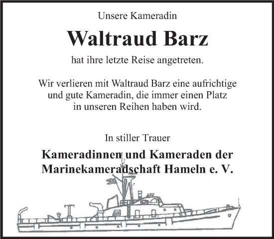 Traueranzeige von Waltraud Barz von Deister- und Weserzeitung