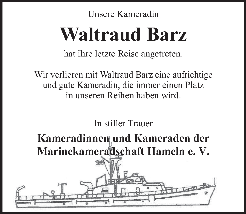  Traueranzeige für Waltraud Barz vom 17.11.2023 aus Deister- und Weserzeitung
