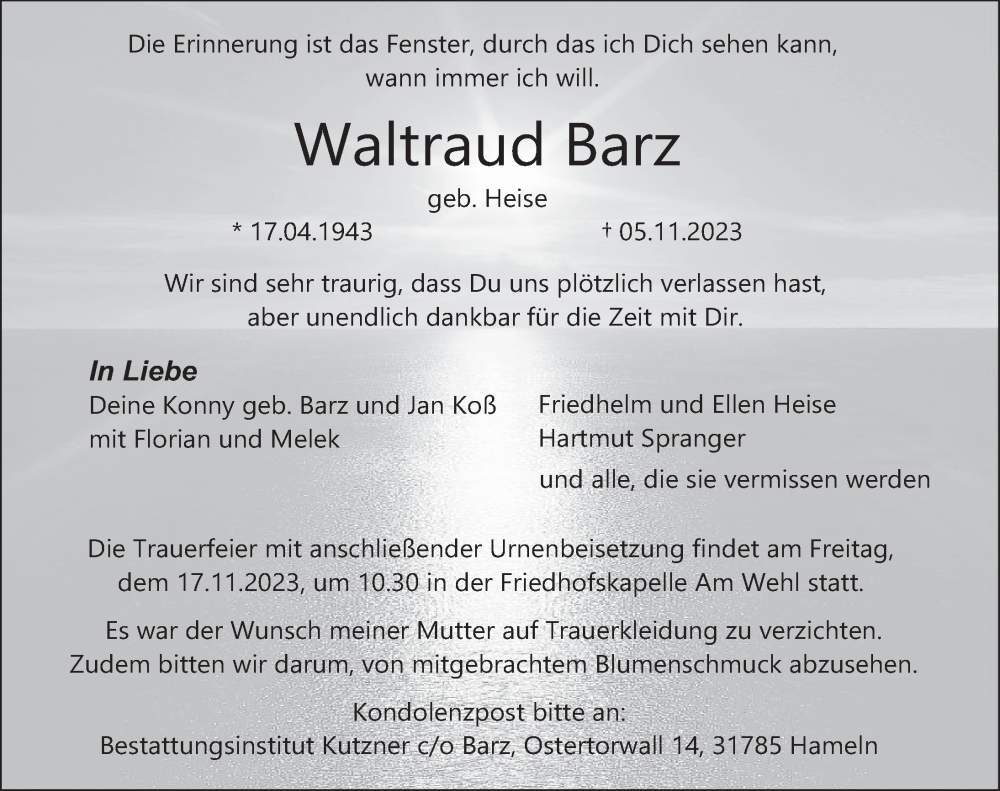  Traueranzeige für Waltraud Barz vom 11.11.2023 aus Deister- und Weserzeitung