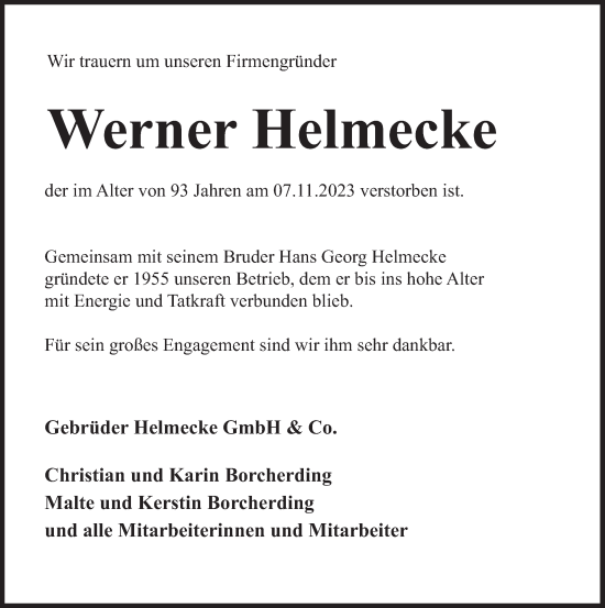 Traueranzeige von Werner Helmecke von Deister- und Weserzeitung
