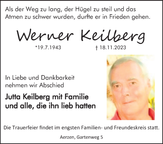 Traueranzeige von Werner Keilberg von Deister- und Weserzeitung