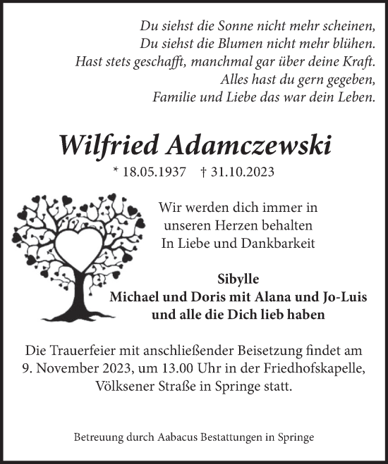 Traueranzeige von Wilfried Adamczewski von Neue Deister-Zeitung