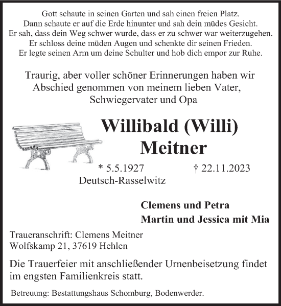 Traueranzeige von Willibald Meitner von Deister- und Weserzeitung