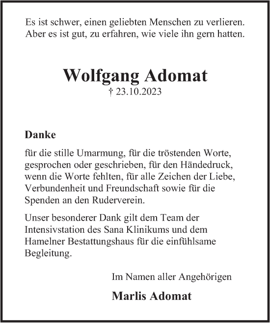 Traueranzeige von Wolfgang Adomat von Deister- und Weserzeitung