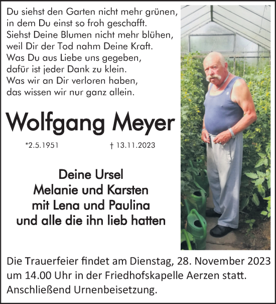 Traueranzeige von Wolfgang Meyer von Deister- und Weserzeitung