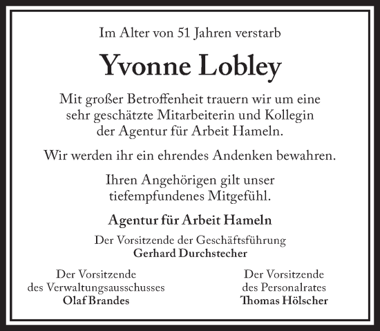 Traueranzeige von Yvonne Lobley von Deister- und Weserzeitung