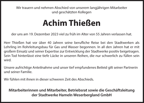 Traueranzeige von Achim Tießen von Deister- und Weserzeitung
