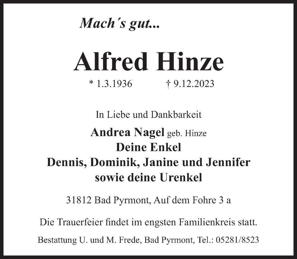  Traueranzeige für Alfred Hinze vom 13.12.2023 aus Deister- und Weserzeitung
