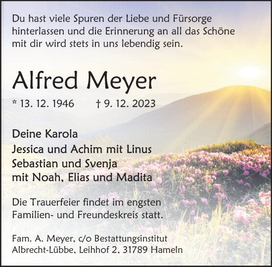 Traueranzeige von Alfred Meyer von Deister- und Weserzeitung
