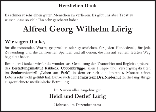 Traueranzeige von Alfred Georg Wilhelm Lürig von Deister- und Weserzeitung