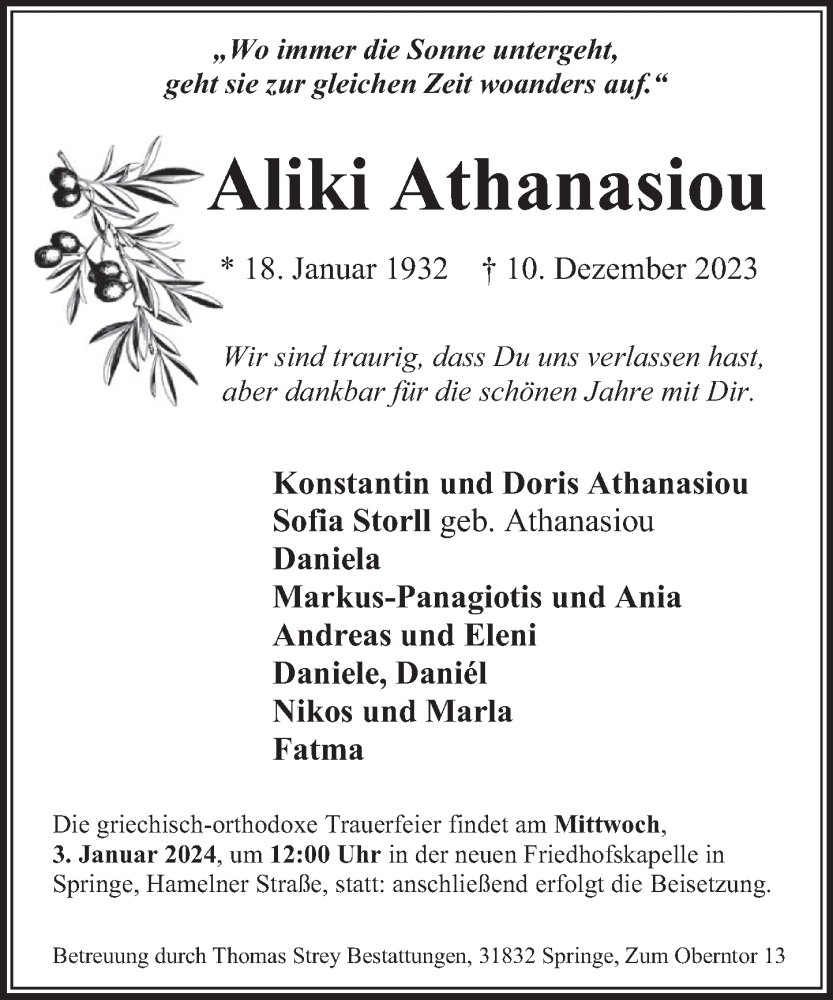  Traueranzeige für Aliki Athanasiou vom 23.12.2023 aus Neue Deister-Zeitung