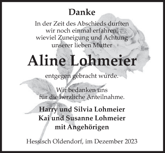 Traueranzeige von Aline Lohmeier von Deister- und Weserzeitung