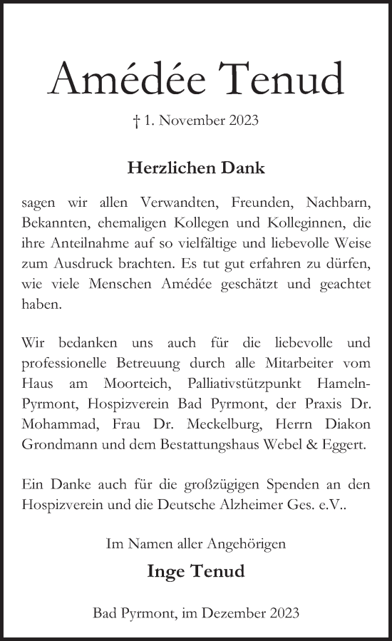 Traueranzeige von Amédée Tenud von Deister- und Weserzeitung