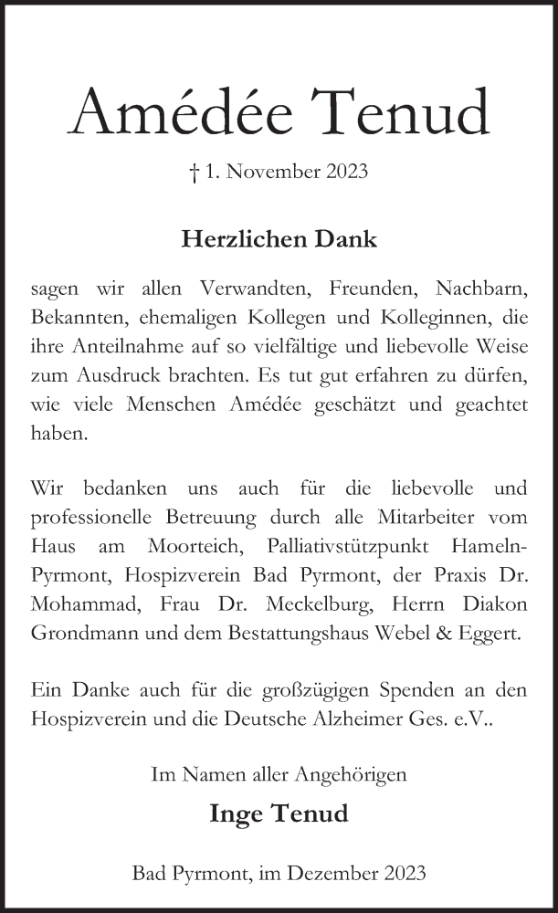  Traueranzeige für Amédée Tenud vom 09.12.2023 aus Deister- und Weserzeitung