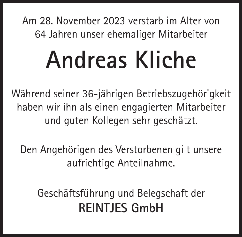  Traueranzeige für Andreas Kliche vom 09.12.2023 aus Deister- und Weserzeitung