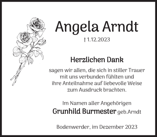 Traueranzeige von Angela Arndt von Deister- und Weserzeitung