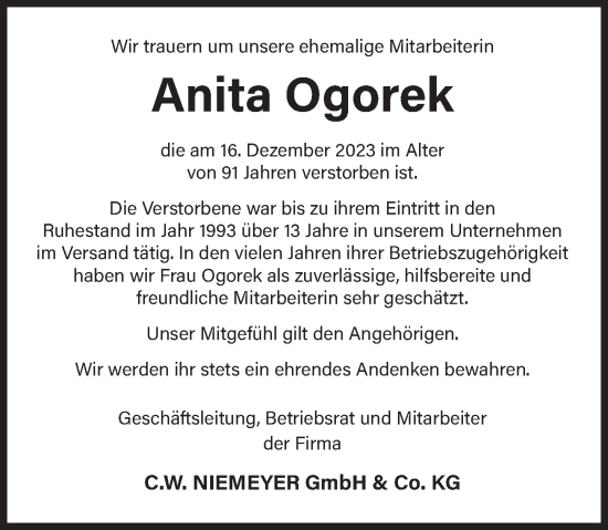 Traueranzeige von Anita Ogorek von Deister- und Weserzeitung