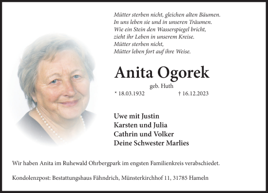 Traueranzeige von Anita Ogorek von Deister- und Weserzeitung
