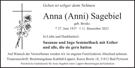 Traueranzeige von Anna Sagebiel von Deister- und Weserzeitung