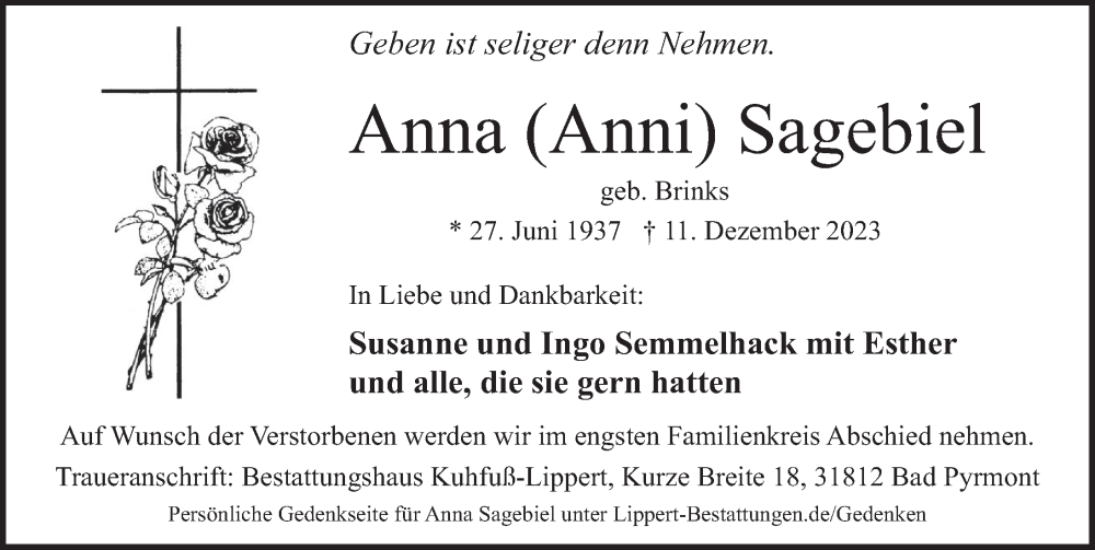  Traueranzeige für Anna Sagebiel vom 16.12.2023 aus Deister- und Weserzeitung