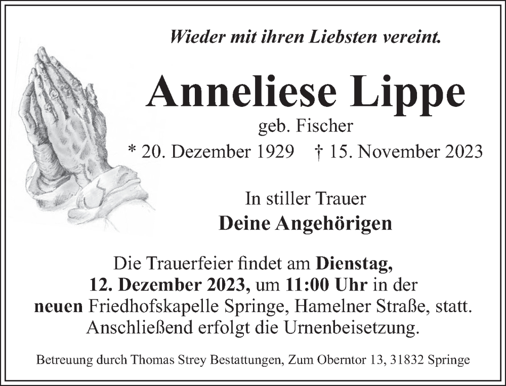  Traueranzeige für Anneliese Lippe vom 09.12.2023 aus Neue Deister-Zeitung