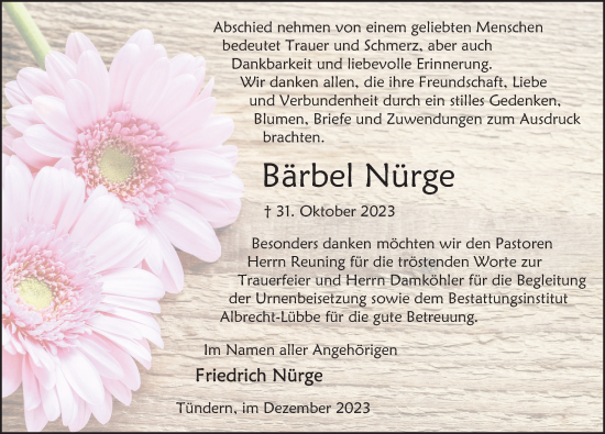 Traueranzeige von Barbara Nürge von Deister- und Weserzeitung