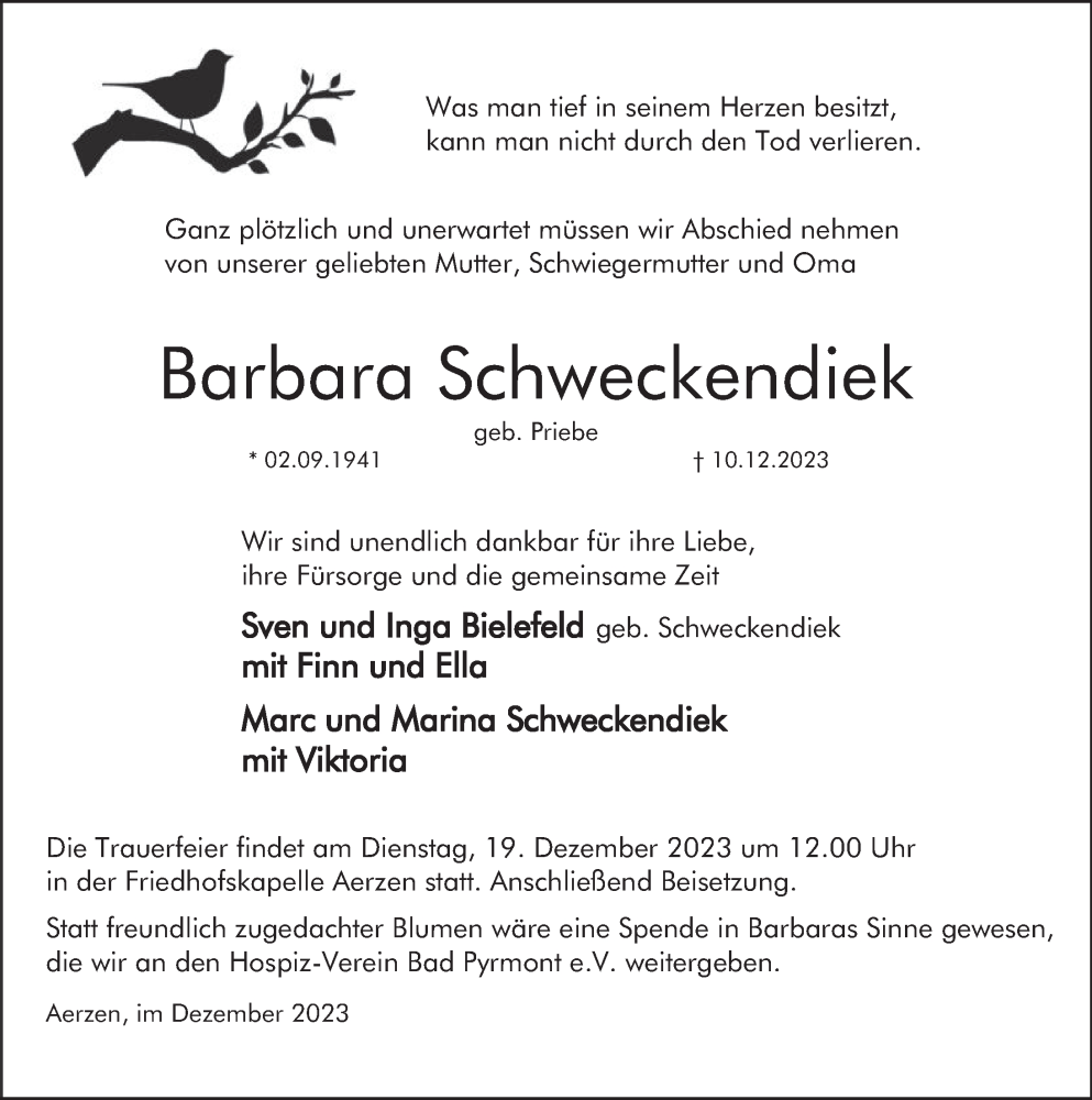  Traueranzeige für Barbara Schweckendiek vom 16.12.2023 aus Deister- und Weserzeitung
