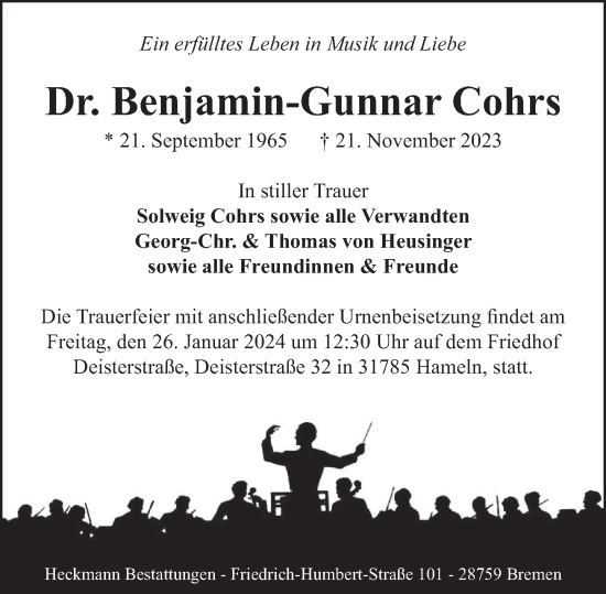 Traueranzeige von Benjamin-Gunnar Cohrs von Deister- und Weserzeitung