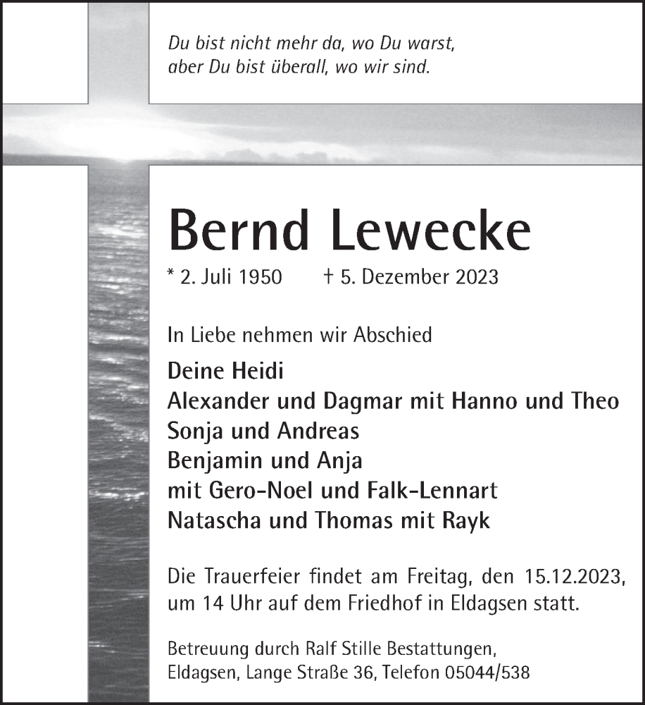  Traueranzeige für Bernd Lewecke vom 09.12.2023 aus Neue Deister-Zeitung