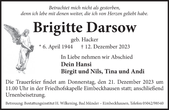 Traueranzeige von Brigitte Darsow von Neue Deister-Zeitung