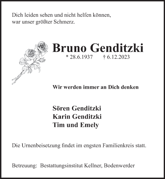 Traueranzeige von Bruno Genditzki von Deister- und Weserzeitung
