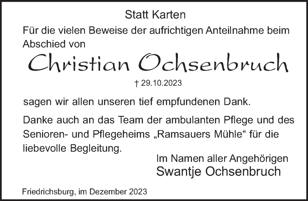 Traueranzeige für Christian Ochsenbruch vom 30.12.2023 aus Deister- und Weserzeitung
