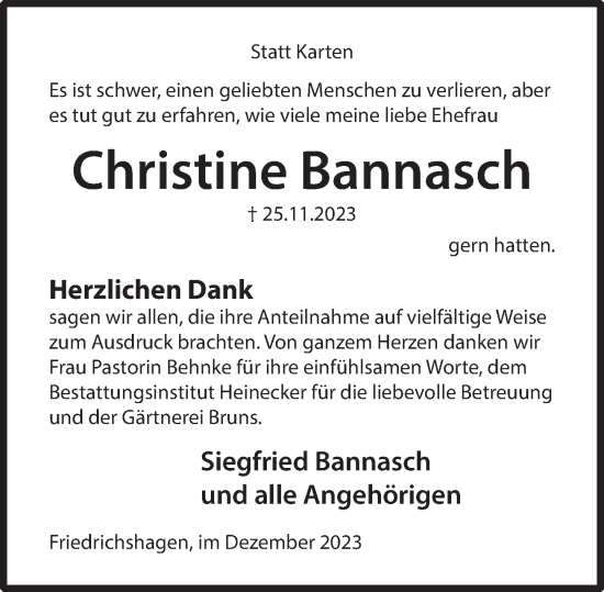 Traueranzeige von Christine Bannasch von Deister- und Weserzeitung