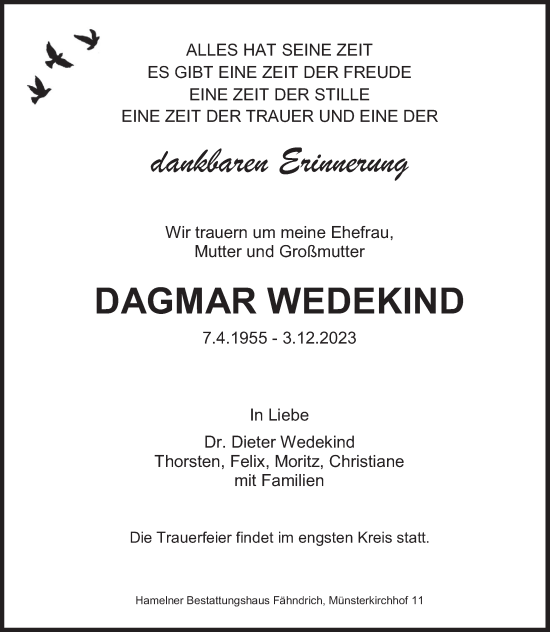 Traueranzeige von Dagmar Wedekind von Deister- und Weserzeitung