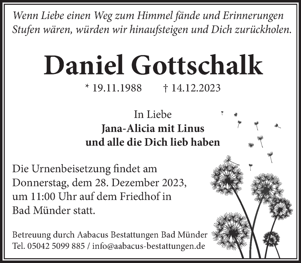  Traueranzeige für Daniel Gottschalk vom 22.12.2023 aus Neue Deister-Zeitung