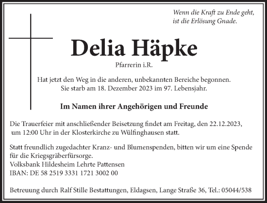 Traueranzeige von Delia Häpke von Neue Deister-Zeitung